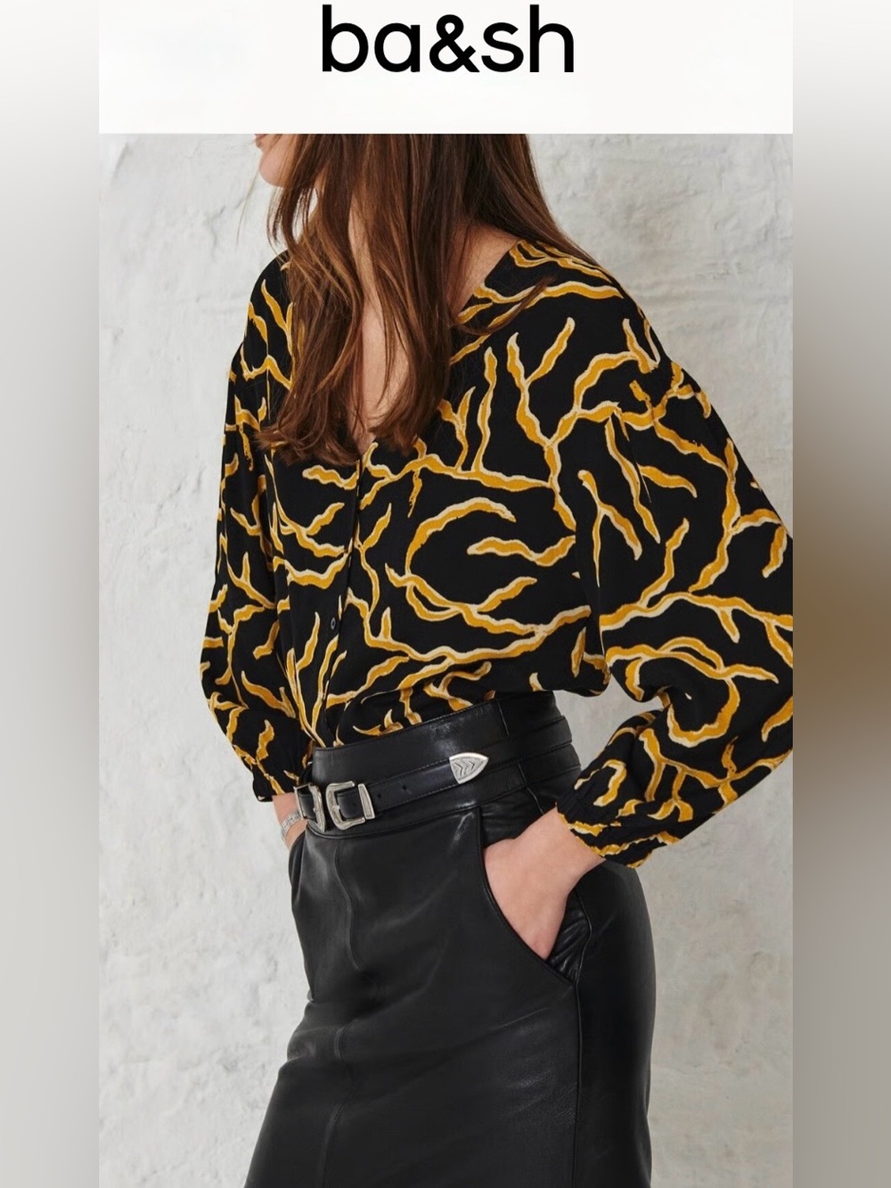 ba&sh Clea Printed Crepe Blouse with Abstract Pattern
